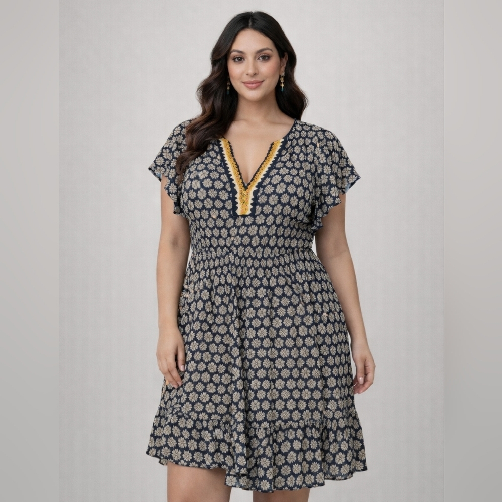Nautica Boho Print Ruffle Hem Dress – Navy/Beige – Size L – NWT